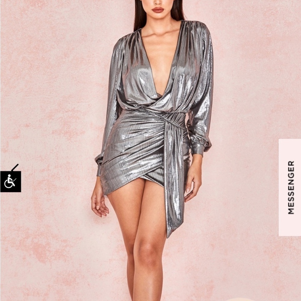 House of CB ALVONA METALLIC SILVER DRAPE MINI DRESS